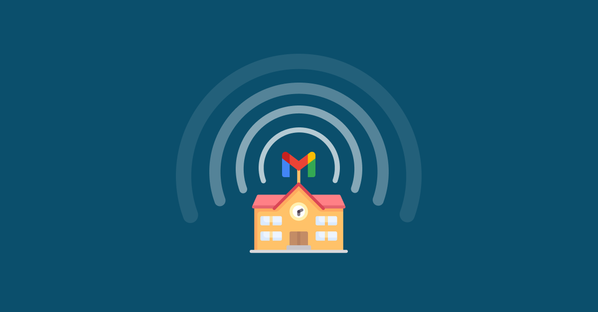 Gmail logo above a school with radiating communication signals.