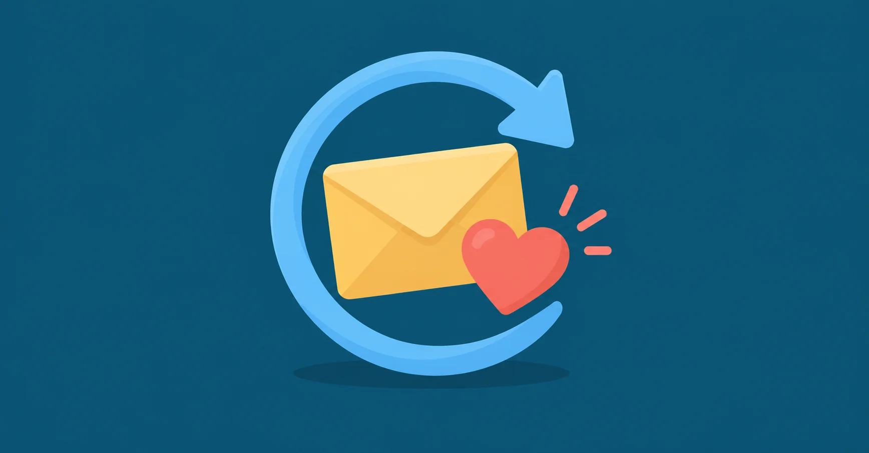 A blue circular return arrow looping around a yellow envelope and a coral heart, evoking renewed subscriber interest.