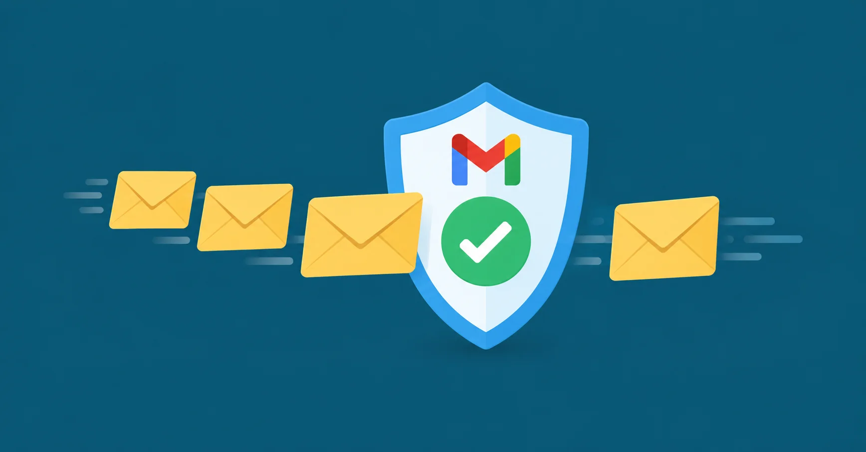 Three yellow emails passing through a large blue shield with a green check mark, small Gmail M above.