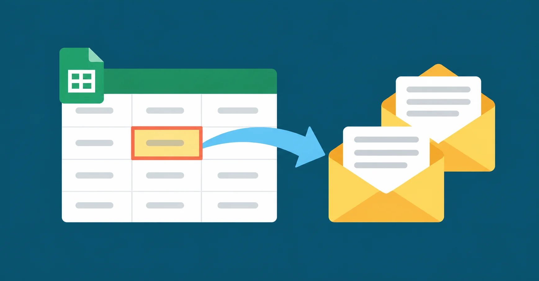 A highlighted spreadsheet cell connected by an arrow to outgoing emails.