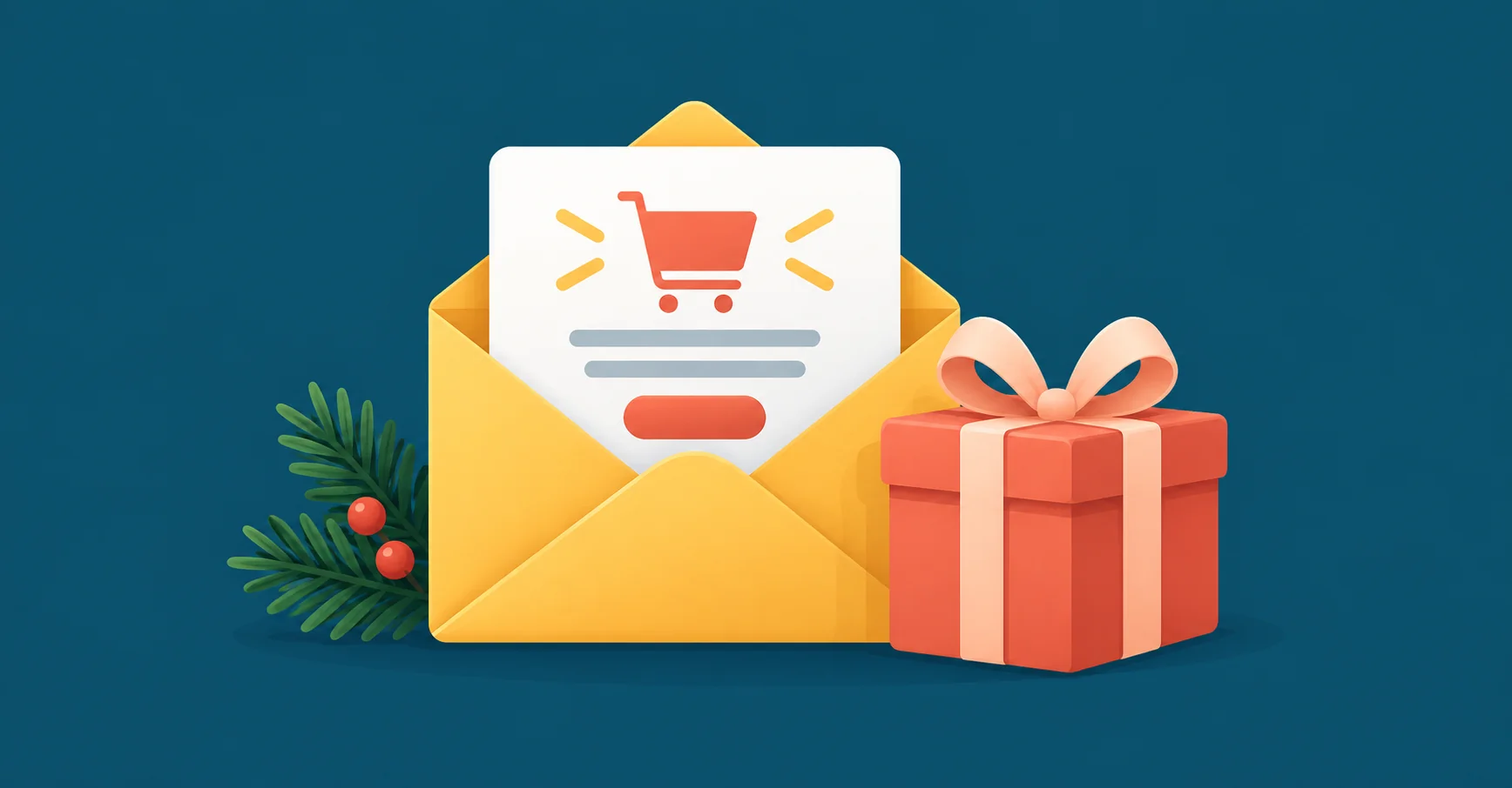 A yellow open email envelope holding a white promotional card, beside a coral gift box with ribbon and one small evergreen sprig.