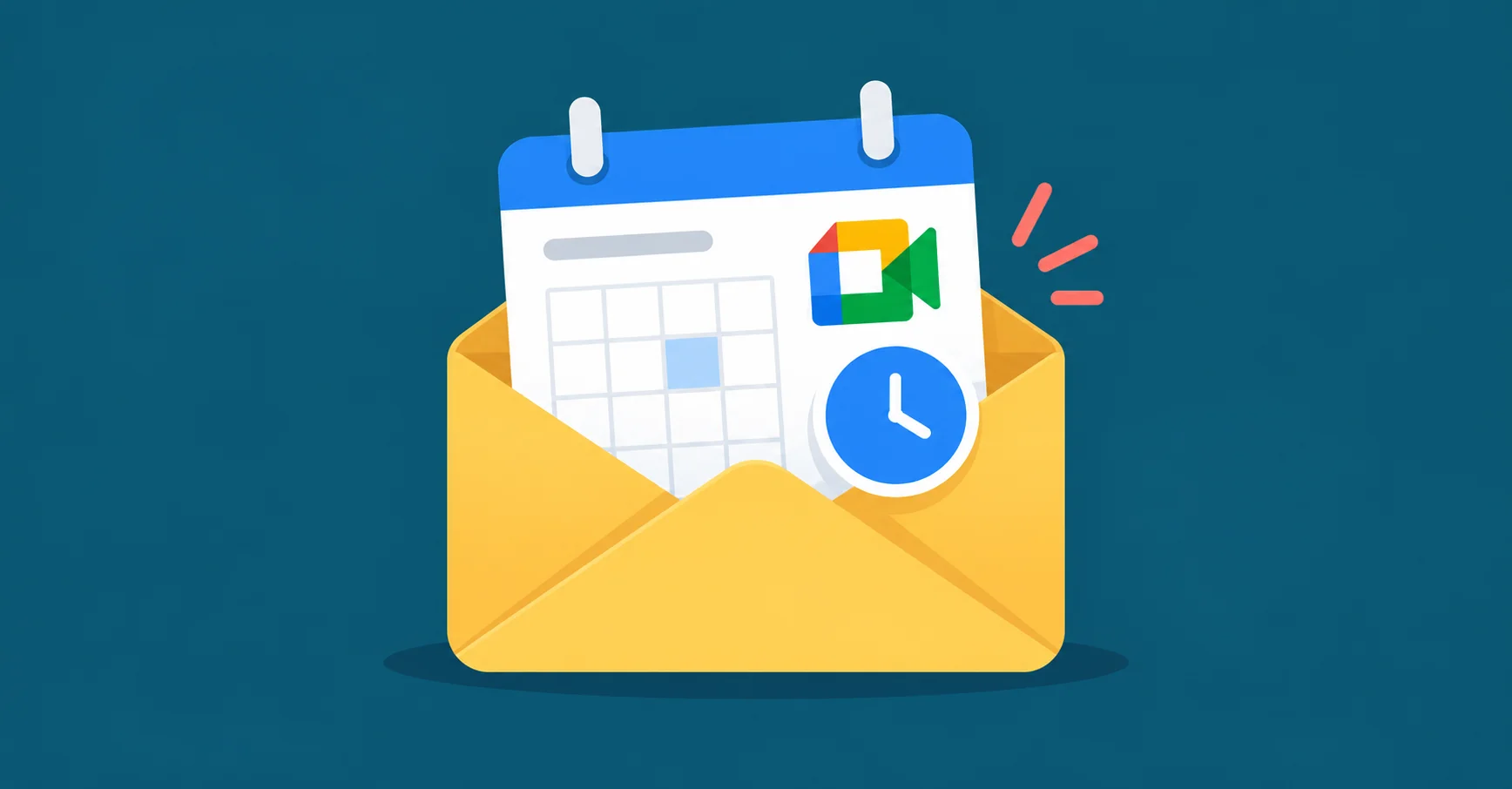 White calendar card with a blue header emerging from a yellow envelope, small recognizable Google Meet camera icon and blue clock badge.
