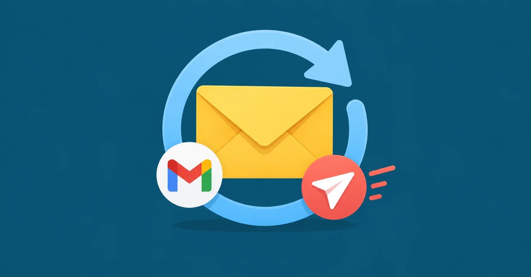 One large yellow closed envelope encircled by a broad blue repeat arrow, small Gmail M and coral send accent.