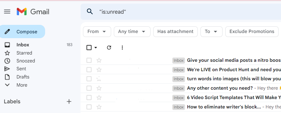 Gmail search results for is:unread.