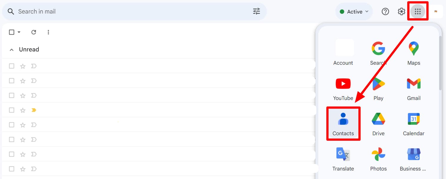 Gmail Google apps menu with Contacts highlighted.
