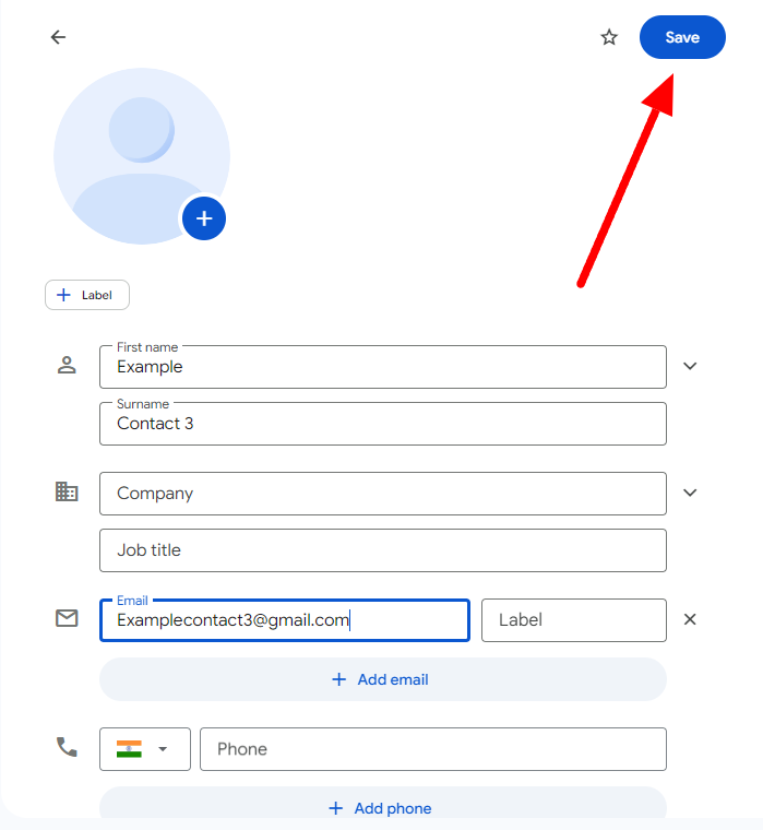 New contact form with Save highlighted.