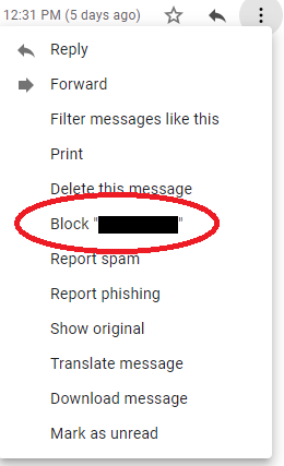 Gmail message menu with Block sender circled.