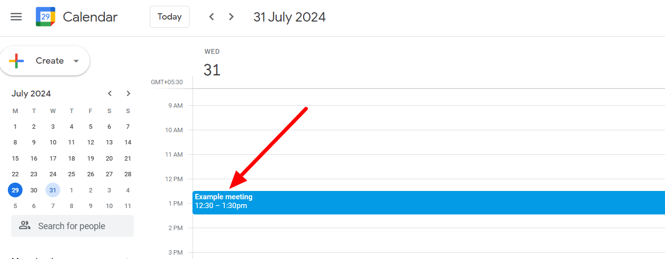 Example meeting highlighted in Google Calendar.