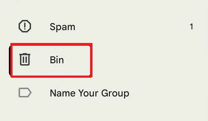 Gmail mobile navigation with Bin highlighted.