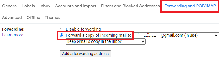 Forward a copy of incoming mail to is selected in Gmail's forwarding settings.