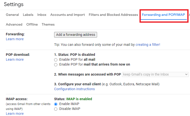 The Forwarding and POP/IMAP tab in Gmail settings is highlighted.