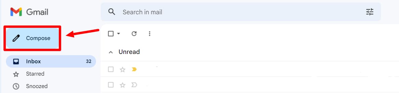 Gmail inbox with the Compose button highlighted.
