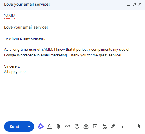 A Gmail draft containing text about YAMM, ready for a hyperlink.