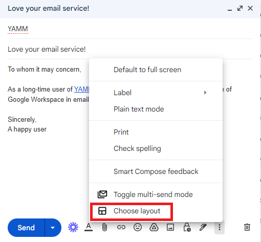 The Choose layout option in Gmail's compose menu is highlighted.