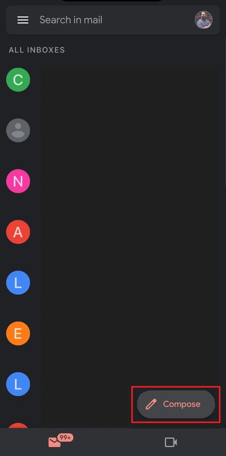 The Compose button in Gmail's mobile app is highlighted.
