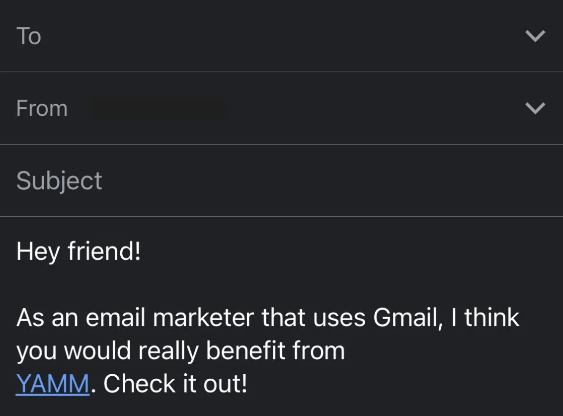 The mobile draft displays YAMM as the hyperlink's label.