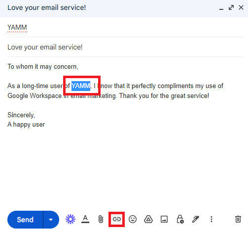 YAMM selected in the message text, with the Insert link button highlighted.