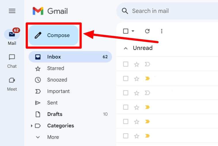 Gmail inbox with the Compose button highlighted.