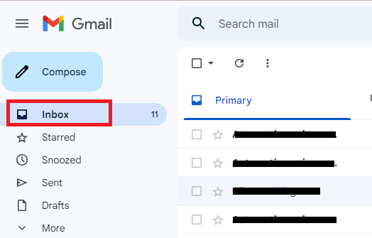 Gmail inbox selected in the left sidebar.