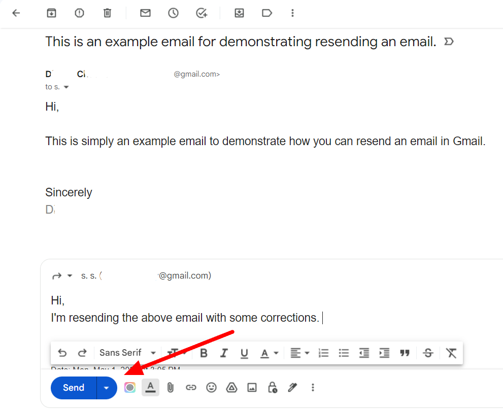Gmail forwarding composer with the Send button indicated.