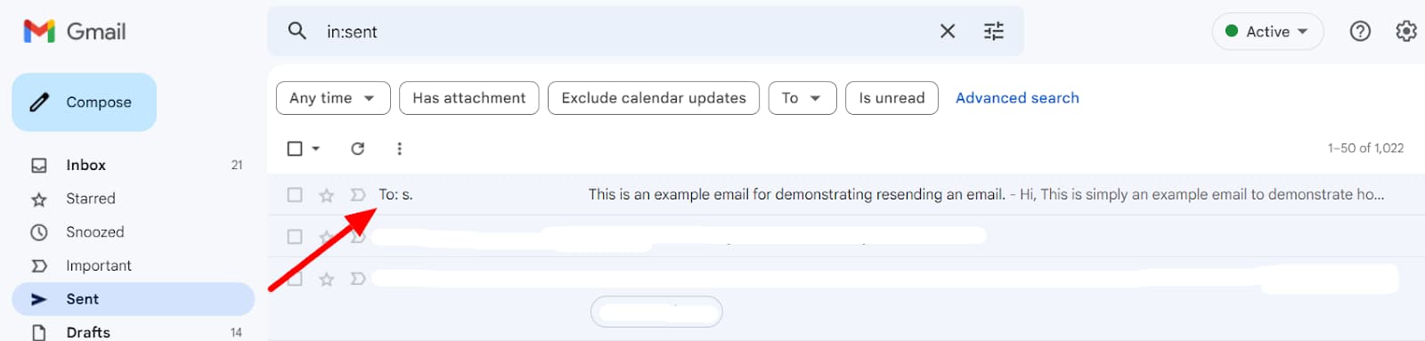 Gmail Sent folder with an example email indicated.