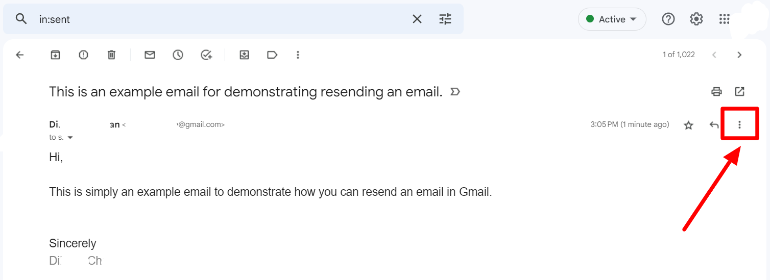 Sent Gmail message with its three-dot More menu highlighted.