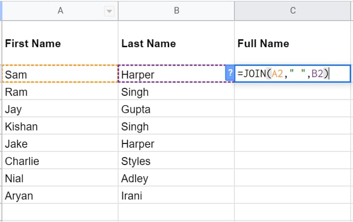 A JOIN formula referencing the first name in A2 and last name in B2.