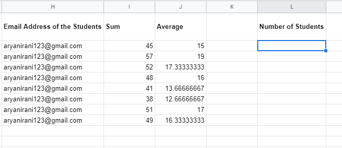 A student score table beside an empty Number of Students result cell.