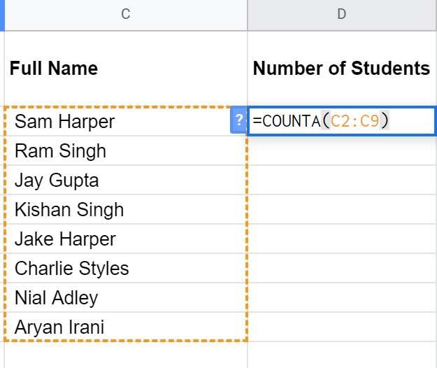 COUNTA(C2:C9) selects the eight cells containing student names.