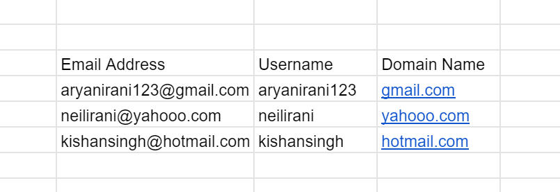 Email addresses separated into Username and Domain Name columns.
