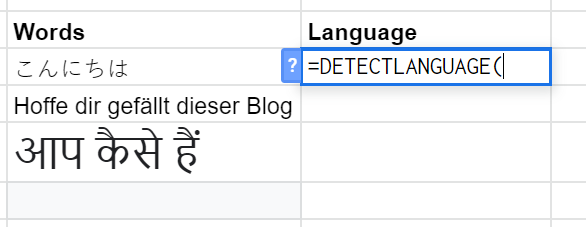 Starting a DETECTLANGUAGE formula in the Language column.