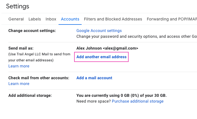 Gmail Accounts settings with Add another email address highlighted