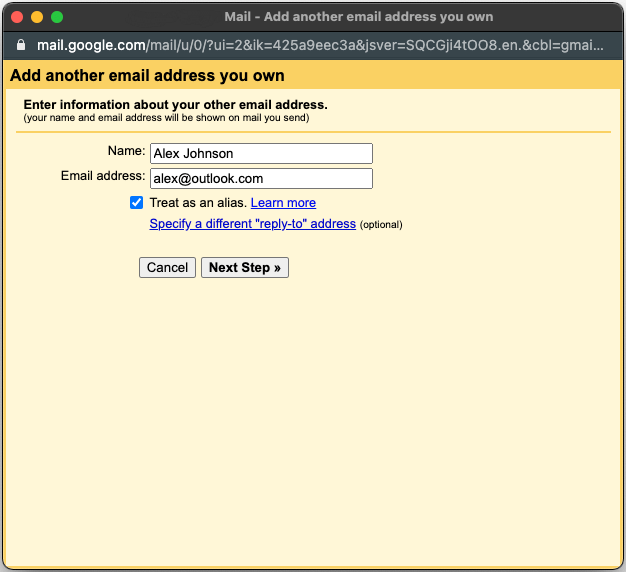 Gmail dialog for entering the name and address of an additional sending account