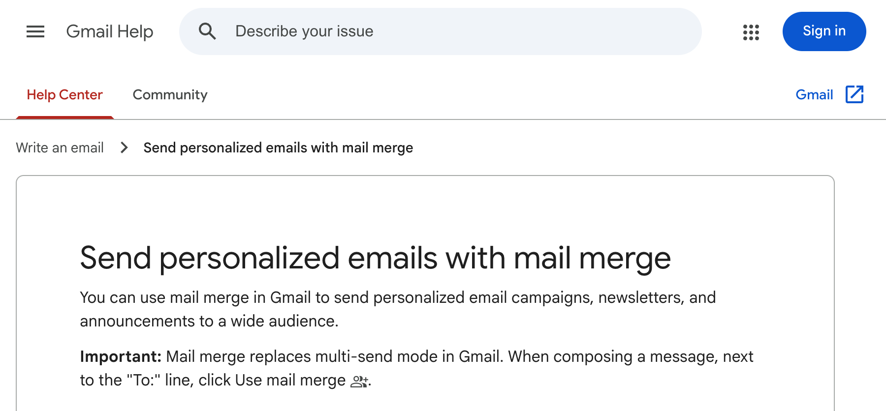 Gmail Help's “Send personalized emails with mail merge” page, which says to click Use mail merge next to the To line when composing a message