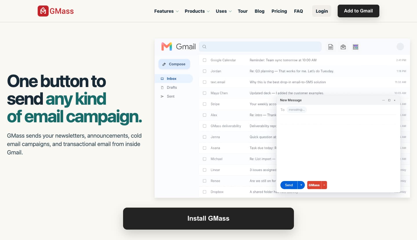 GMass's homepage, headlined “One button to send any kind of email campaign.”, beside a Gmail inbox whose compose window has a red GMass button next to Send