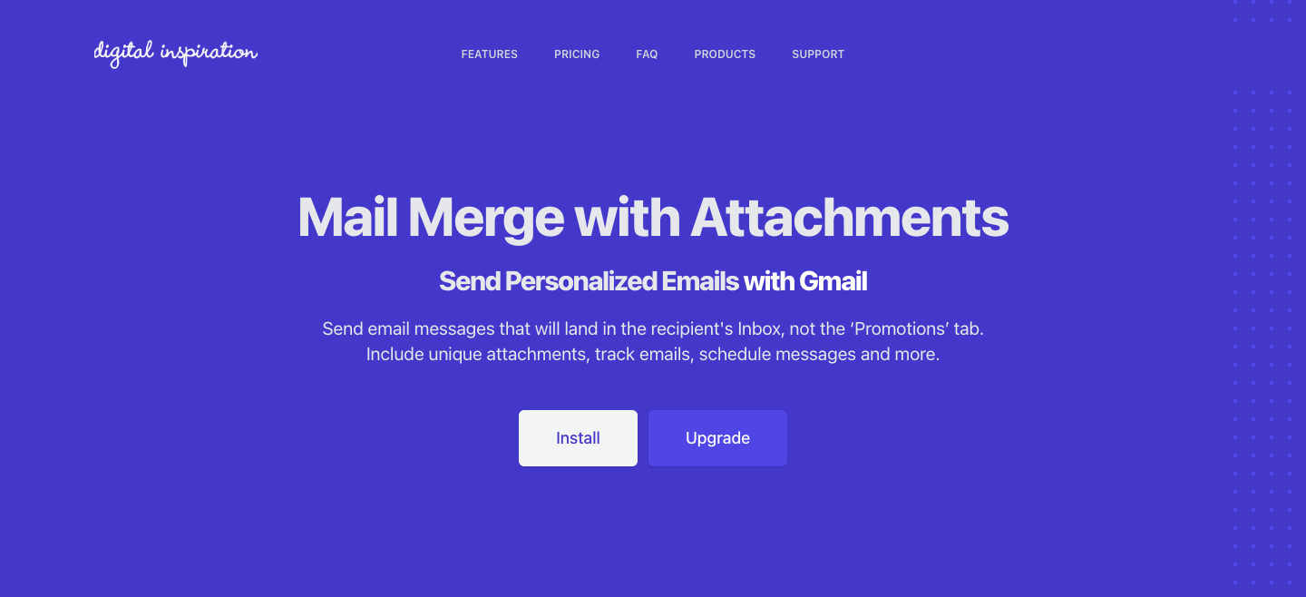 Digital Inspiration's Mail Merge with Attachments page, headlined “Send Personalized Emails with Gmail”, with Install and Upgrade buttons