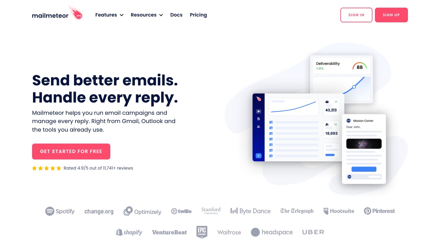 Mailmeteor's homepage, headlined “Send better emails. Handle every reply.”, with a Get started for free button and an illustration of its campaign dashboard