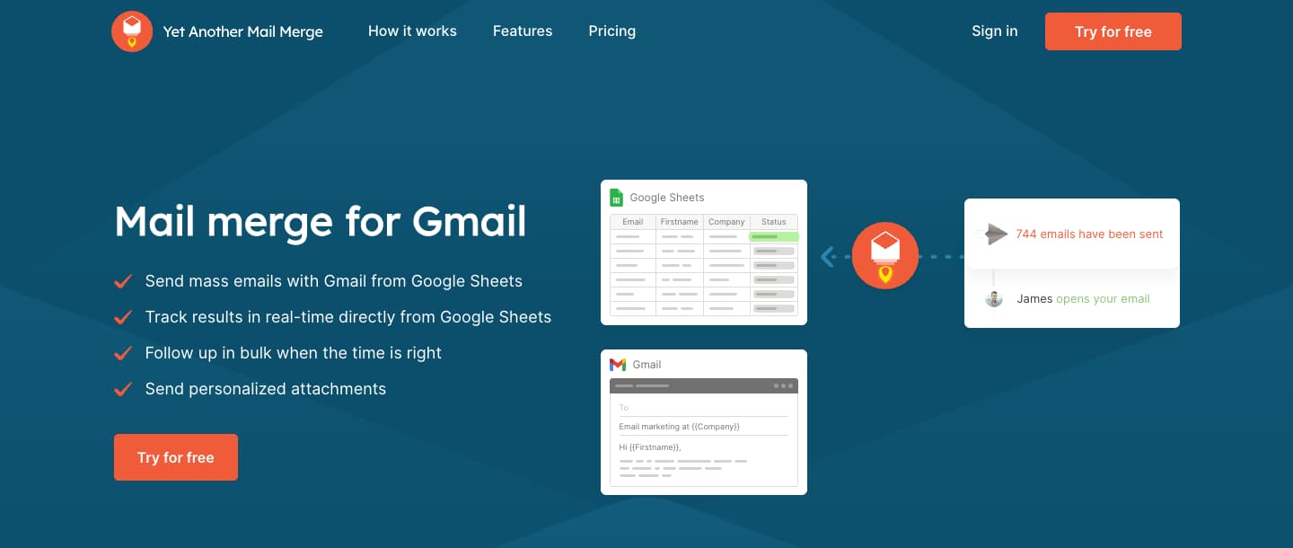 YAMM's homepage, headlined “Mail merge for Gmail”, listing mass emails from Google Sheets, results tracked in the sheet, follow-ups in bulk and personalized attachments, beside an illustration of a Google Sheet and a Gmail draft