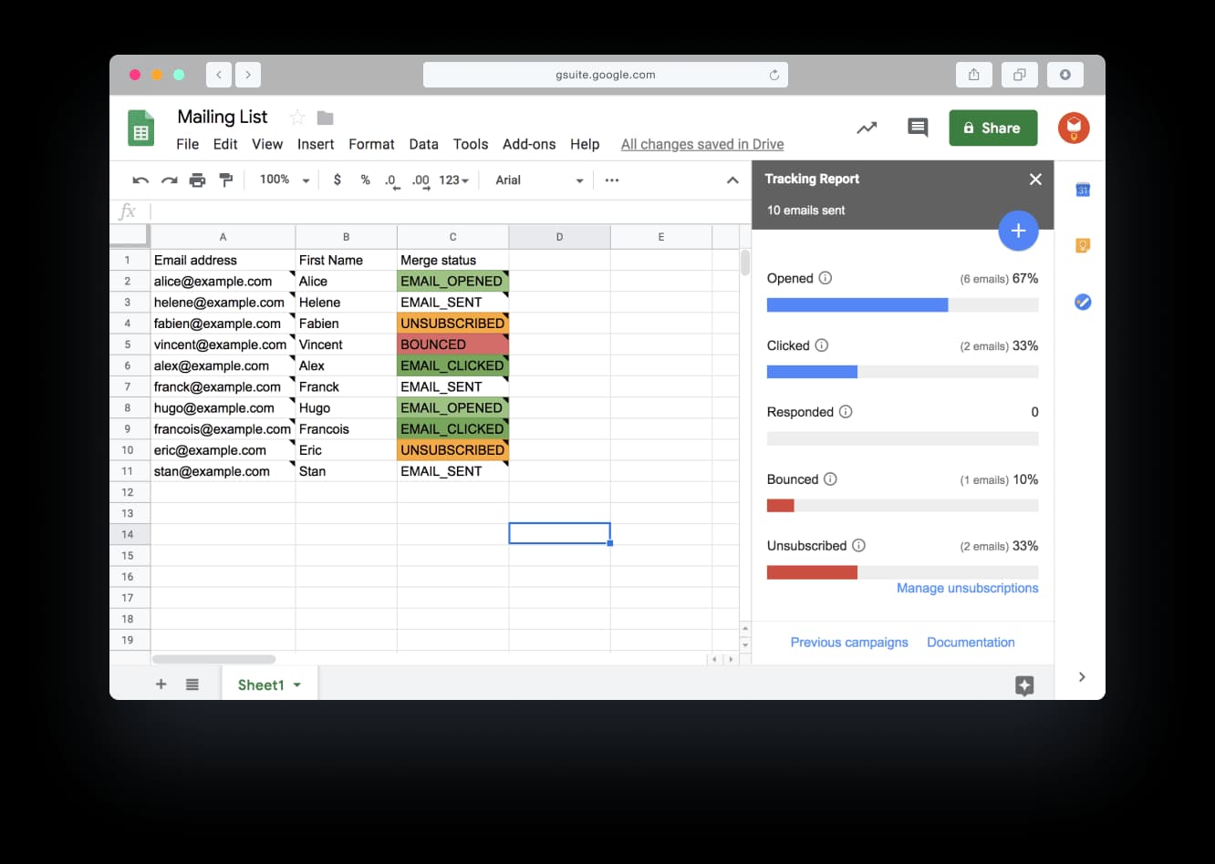 A Google Sheet whose Merge status column shows EMAIL_OPENED, EMAIL_CLICKED, EMAIL_SENT, BOUNCED or UNSUBSCRIBED for each contact, beside YAMM's tracking report with the share of emails opened, clicked, responded, bounced and unsubscribed