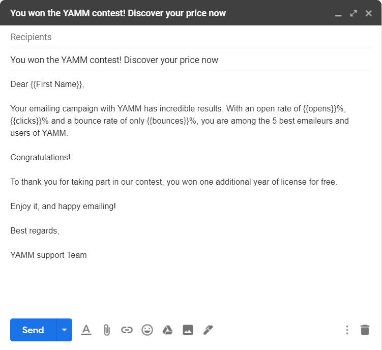 Gmail contest-winner template with merge fields for a recipient's name and email campaign results.