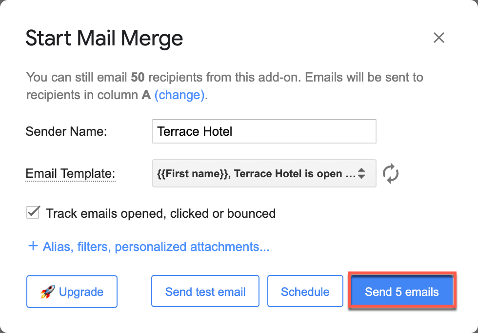 YAMM Start Mail Merge dialog with the Send 5 emails button highlighted.