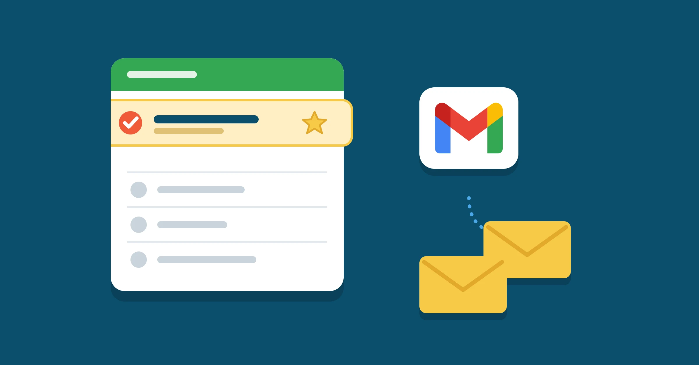 A list with its top row checked and starred, next to the Gmail logo and two yellow envelopes.