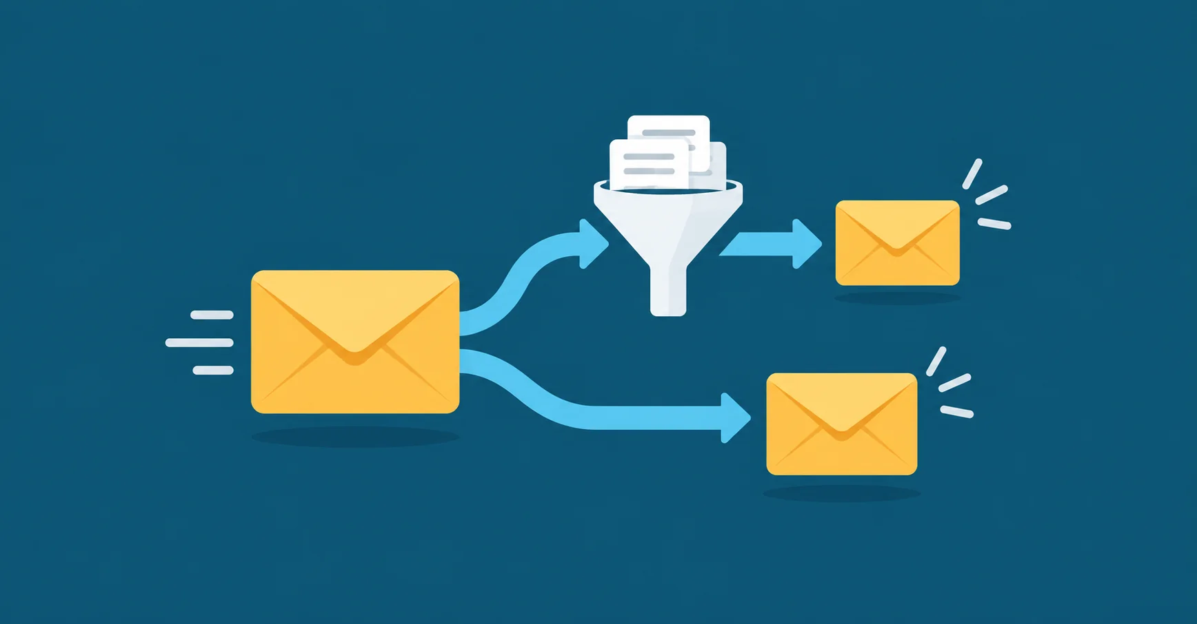 A yellow envelope branching into two blue arrows, one through a filter funnel to a smaller envelope and one directly to another envelope.