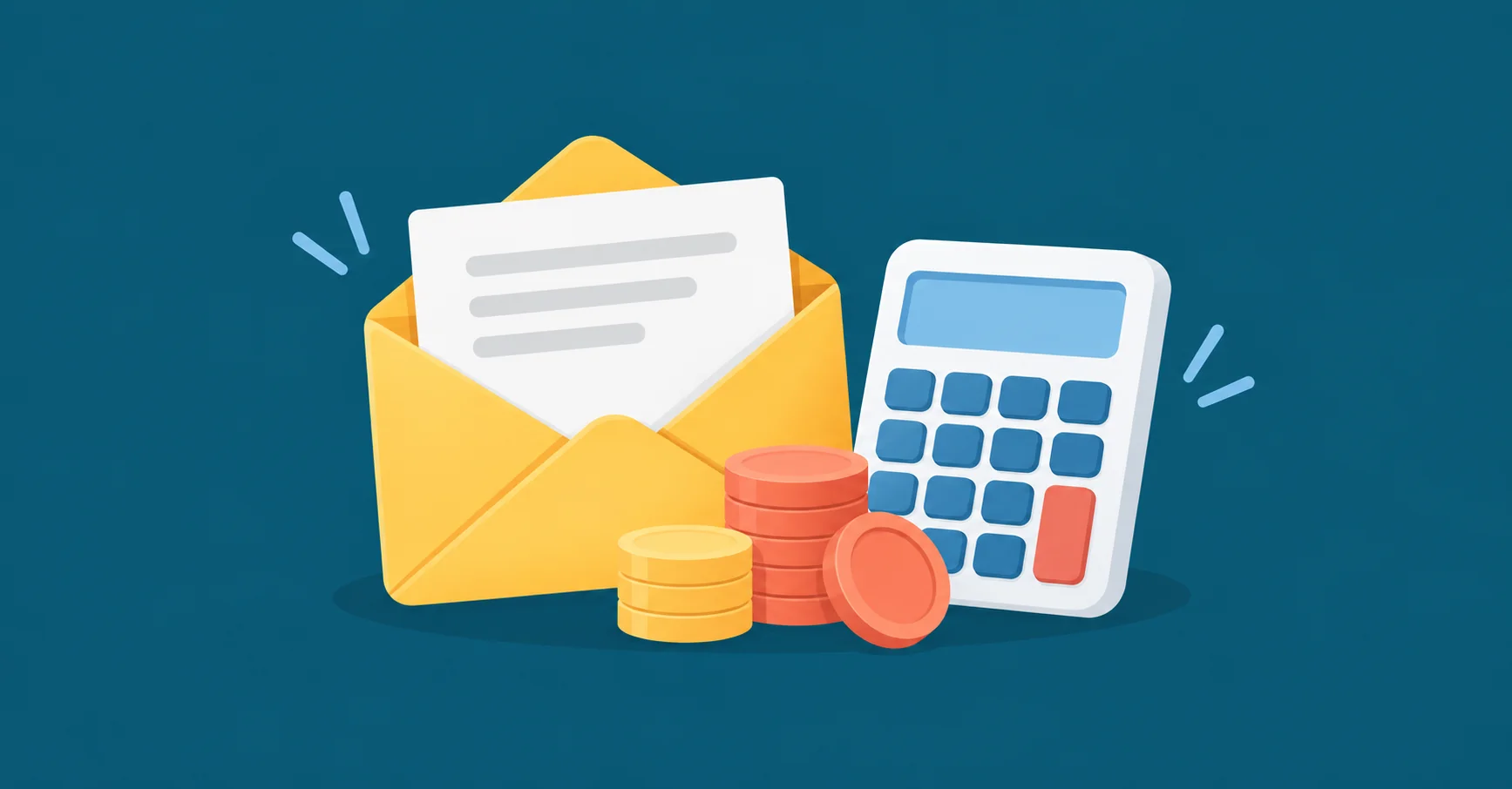 A yellow email envelope beside a white calculator with blue keys and a short stack of coral and pale-yellow coins.