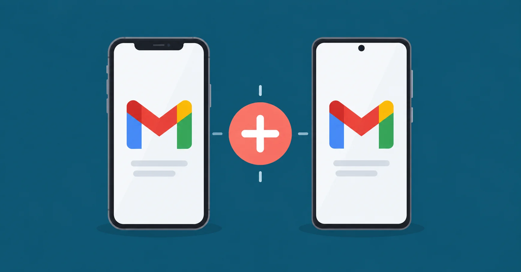 Two simple upright smartphones side by side, both showing a large Gmail M, with a coral plus badge between them.