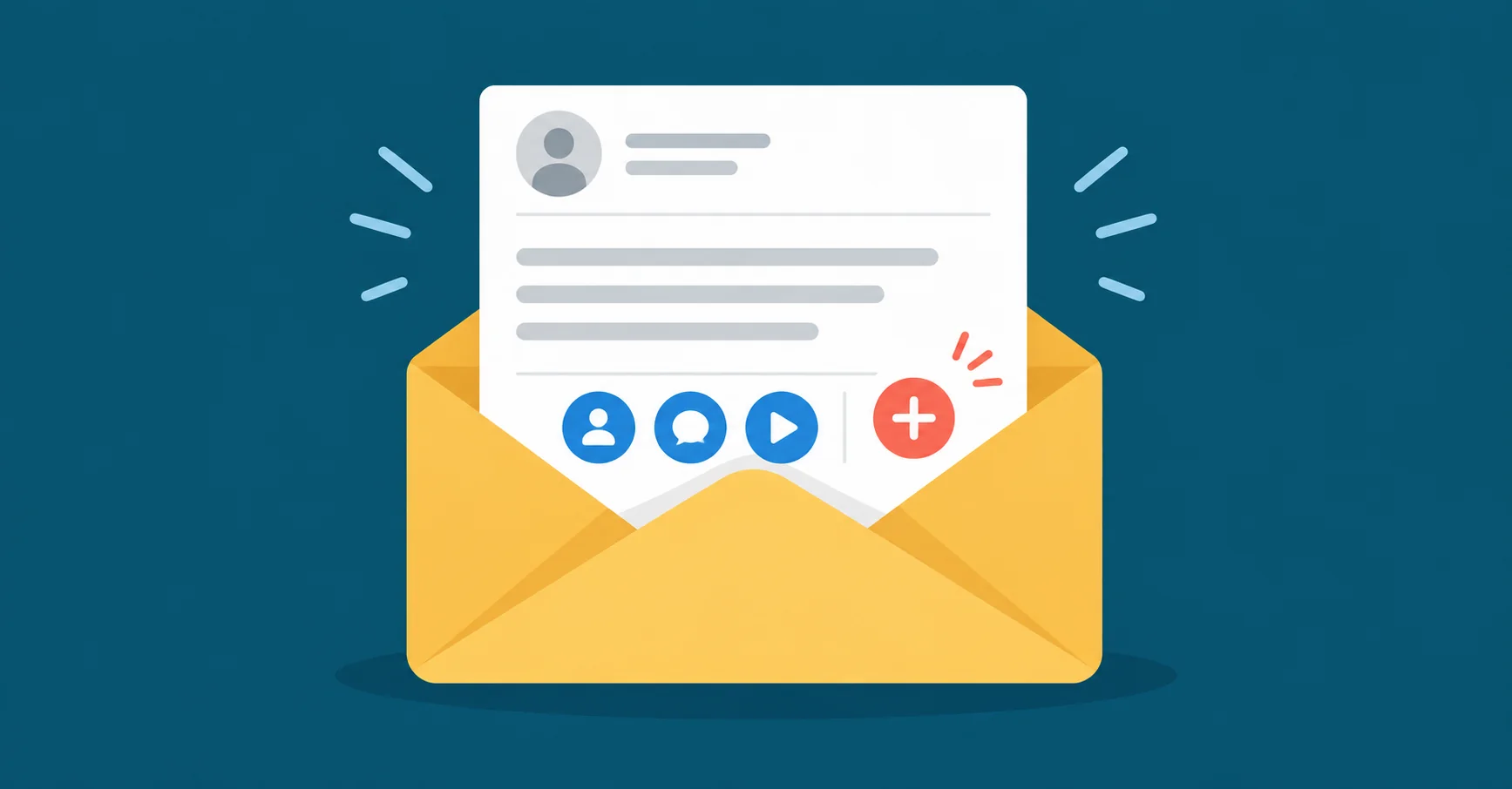 A white email message with gray body lines and a footer containing three simple blue circular social symbols: a person, speech bubble, and play triangle.