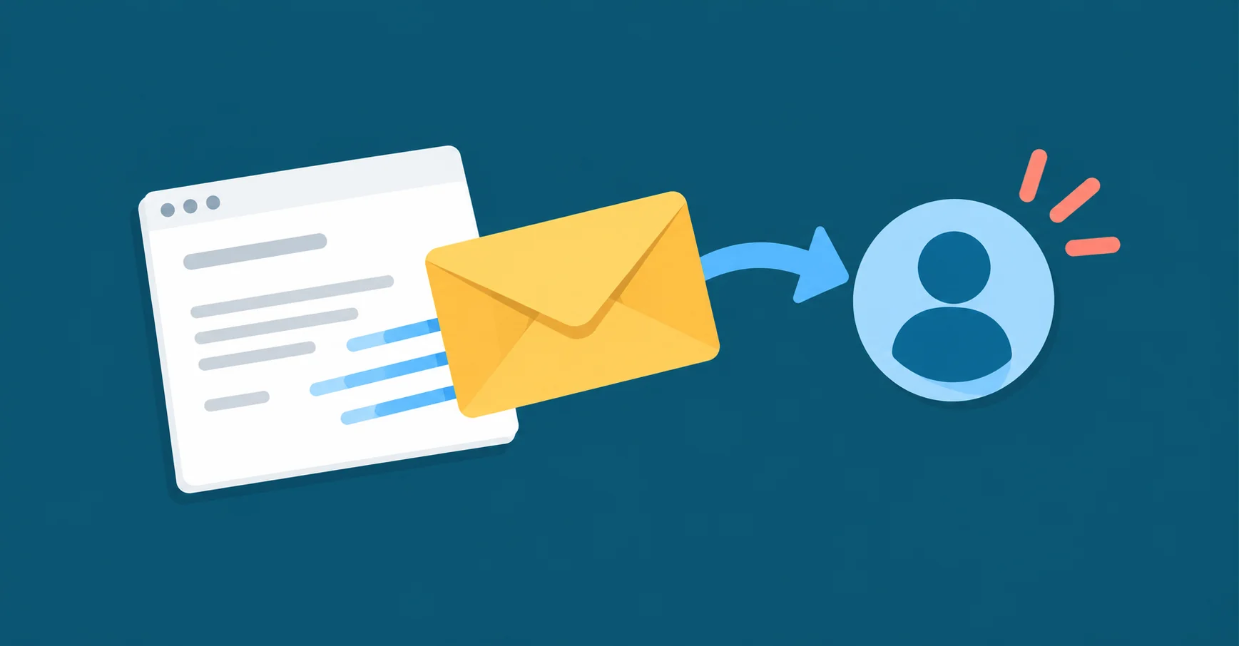 A single yellow outgoing envelope traveling along a blue arrow toward a new blue person badge, small coral introduction spark.