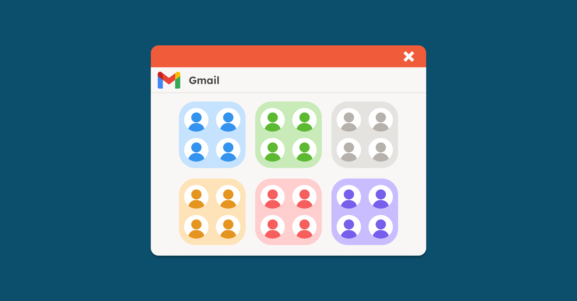 Email contacts organized into colored groups in Gmail.