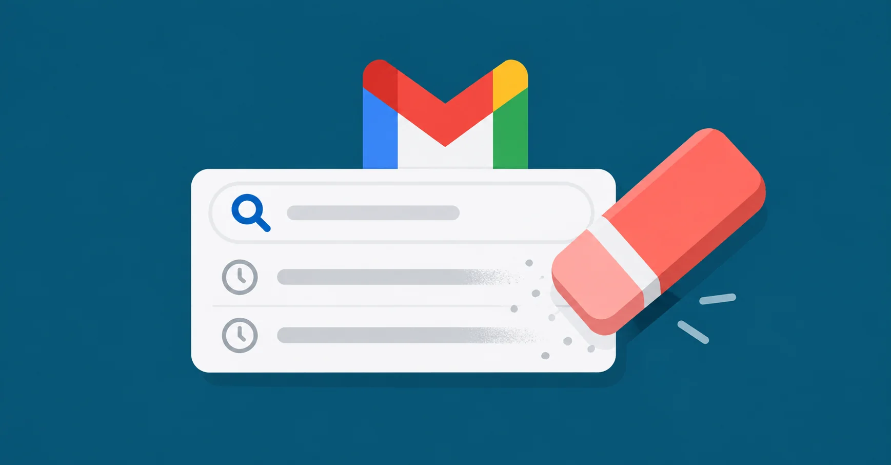 White search bar with blue magnifying glass and two pale gray history rows below, coral eraser wiping the rows; small Gmail M.