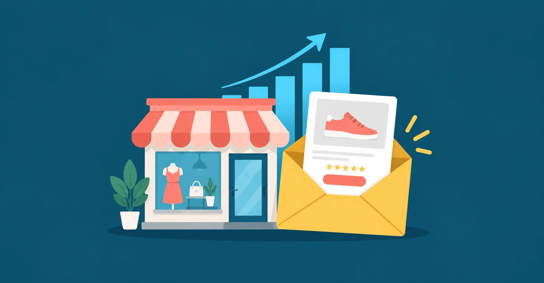 Small coral-canopy storefront beside a yellow open envelope containing a product card, rising blue bar chart behind them.